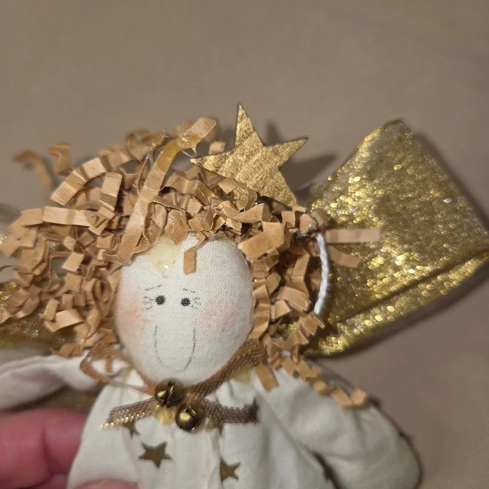 Angel Christmas Ornament Gold Stars Fabric Shelf Sitter‎ Rusic Weightd Bottom